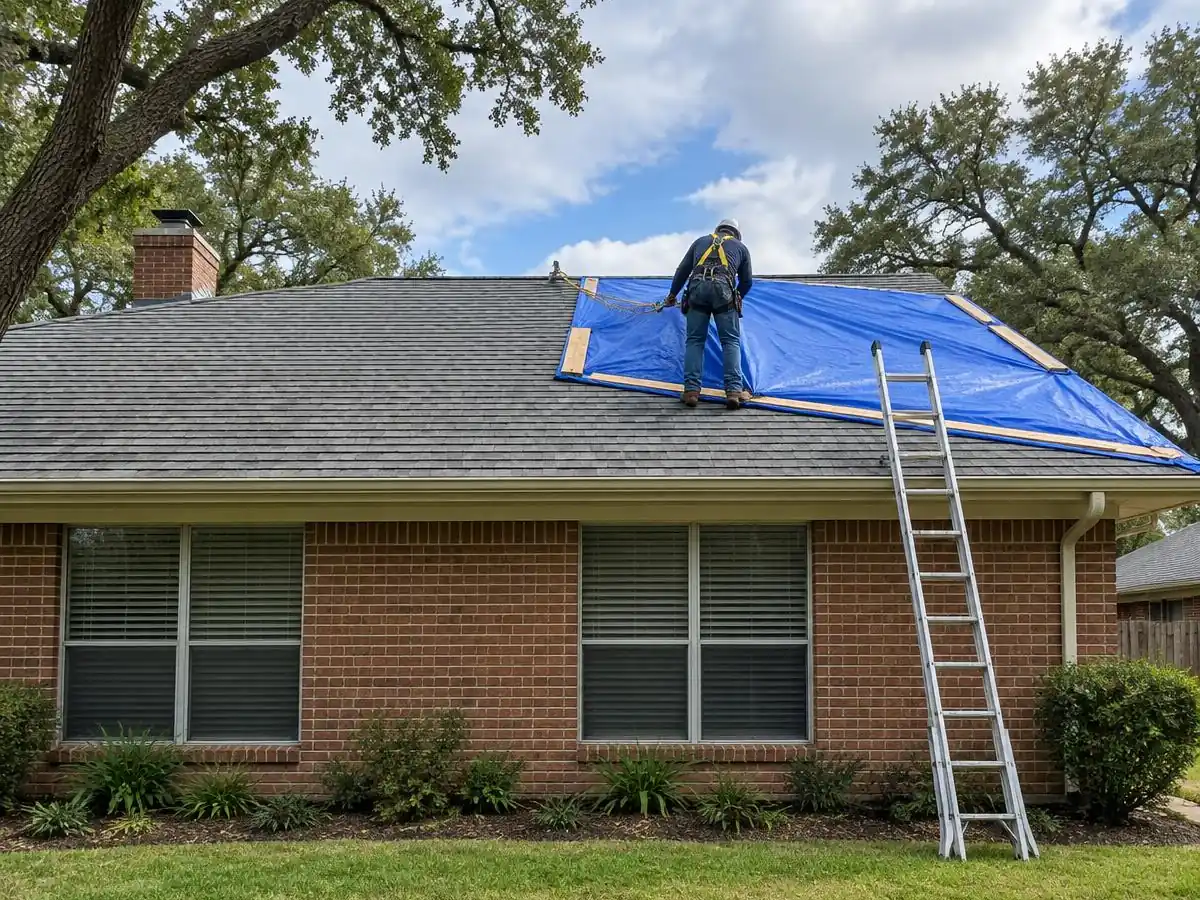 Roofer tarping a storm-damaged roof after high winds in Farmers Branch, TX