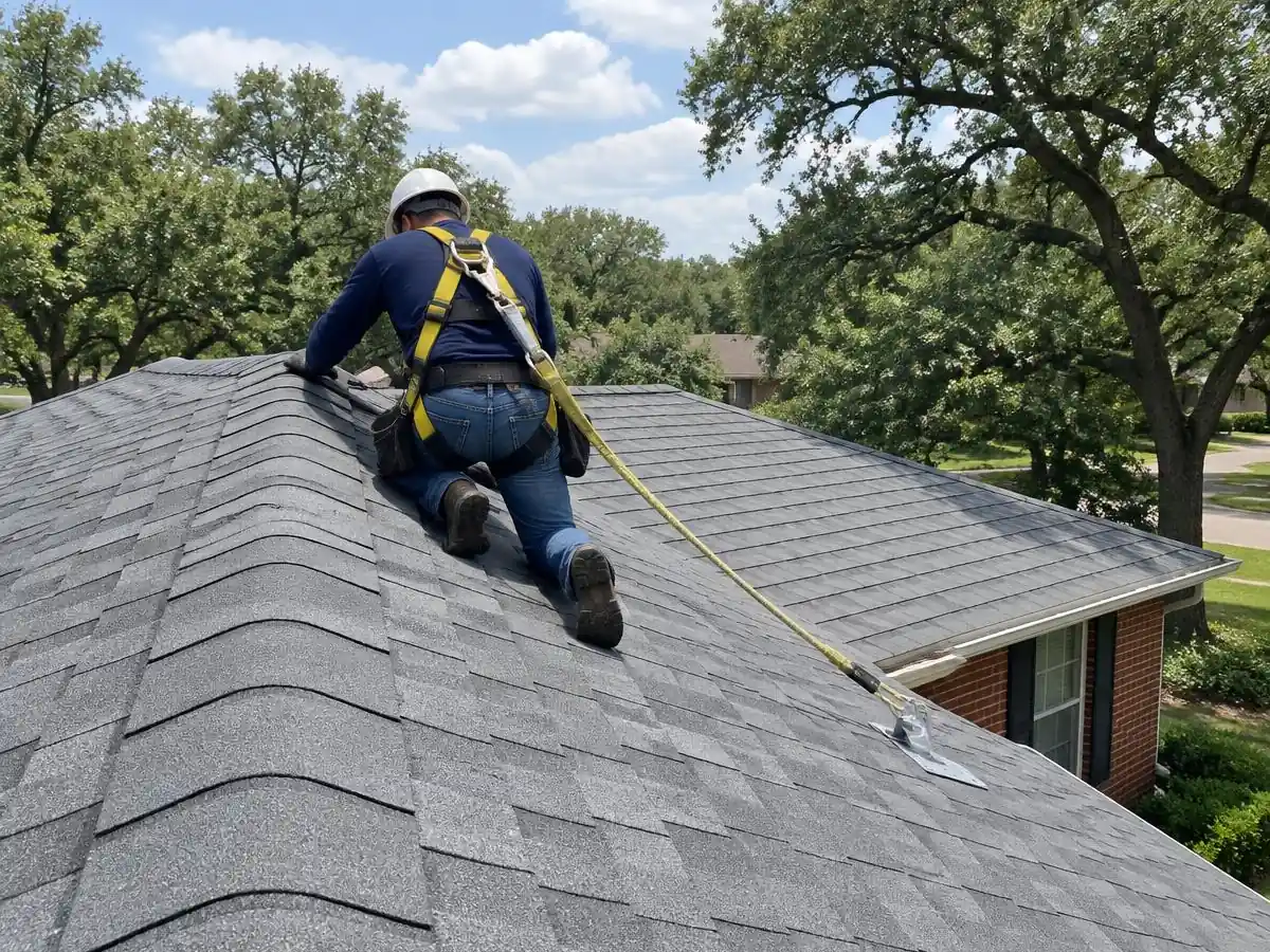 Roofer replacing wind-damaged ridge cap shingles on a home in Farmers Branch, TX