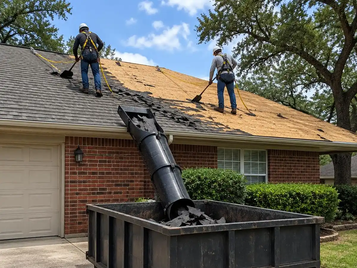 Crew tearing an old roof down to the deck during a storm damage replacement in Farmers Branch, TX