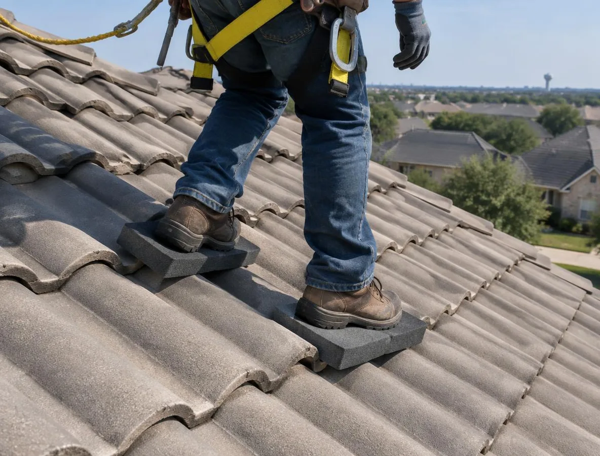 Tile Roofing Carrollton: Careful Roof Inspection Footwork Roofer stepping carefully on supported roof tiles during an inspection in Carrollton