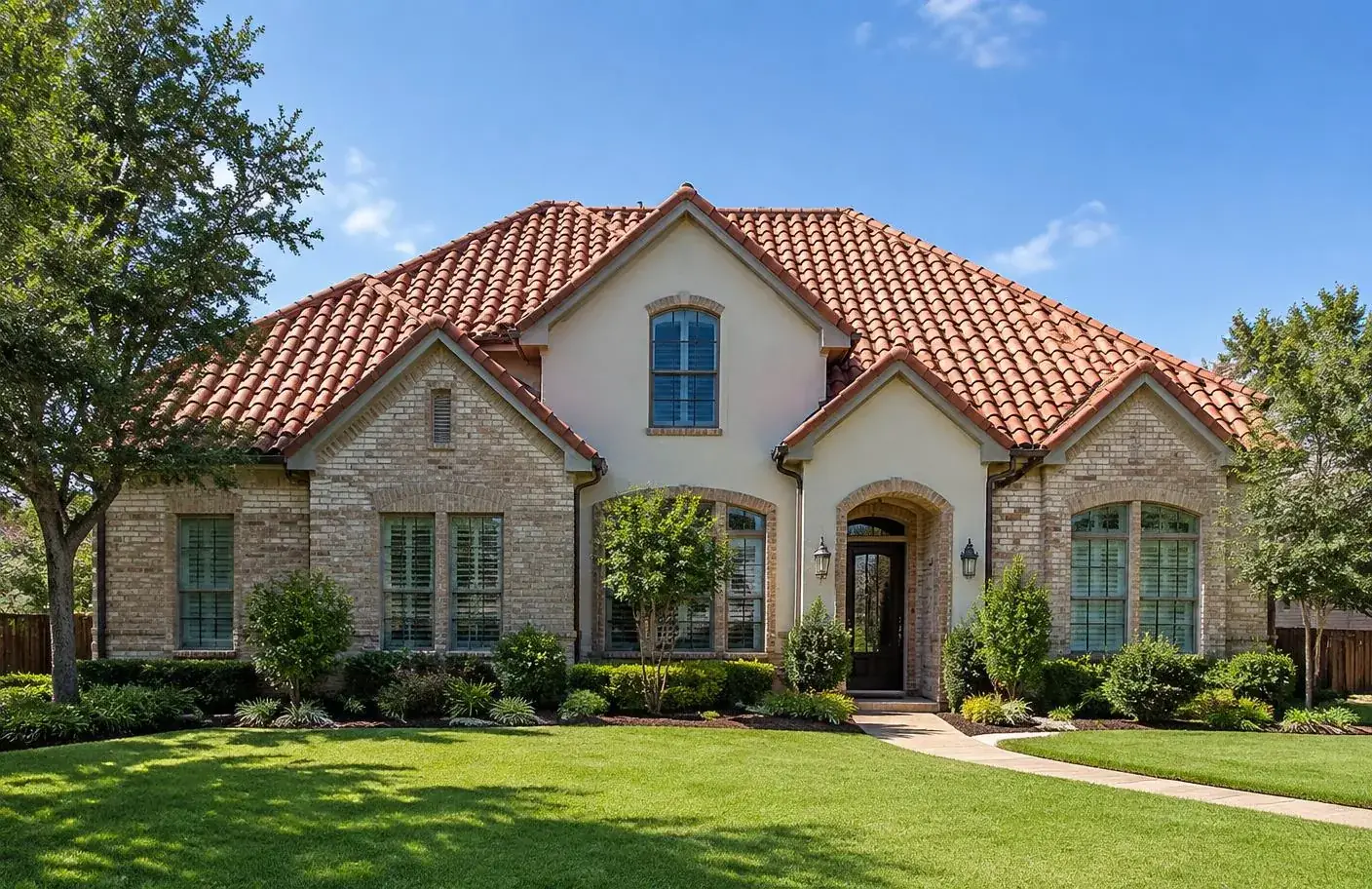 Clay tile roof on a brick and stucco home in Farmers Branch