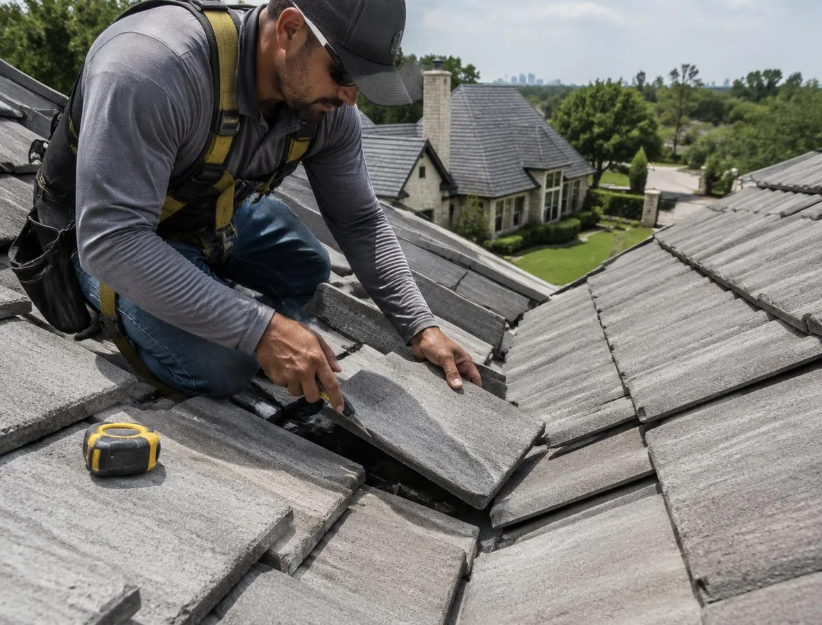 Tile Roofing Preston Hollow: Cutting Concrete Tile to Fit Roofer cutting concrete roof tile to fit a valley on a Preston Hollow home