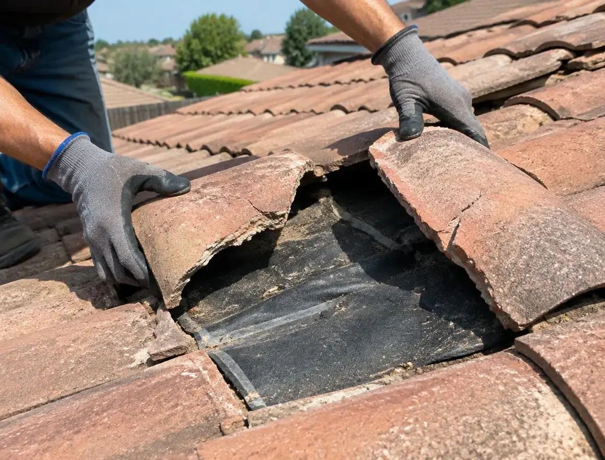 Tile Roofing Carrollton: Cracked Tile and Underlayment Inspection Roofer lifting cracked clay roof tiles to inspect the underlayment on a Carrollton home