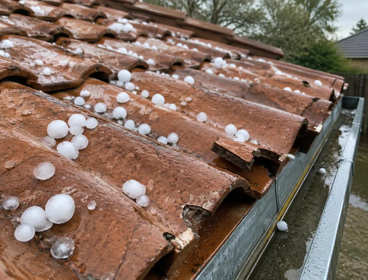 Tile Roofing Farmers Branch: Hail Damage on Clay Tile Hailstones and chipped clay roof tiles after a spring storm in Farmers Branch