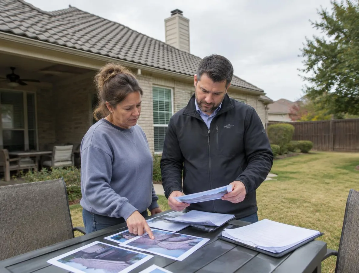 Tile Roofing Carrollton: Insurance Claim Review Homeowner and insurance adjuster reviewing tile roof claim paperwork in Carrollton