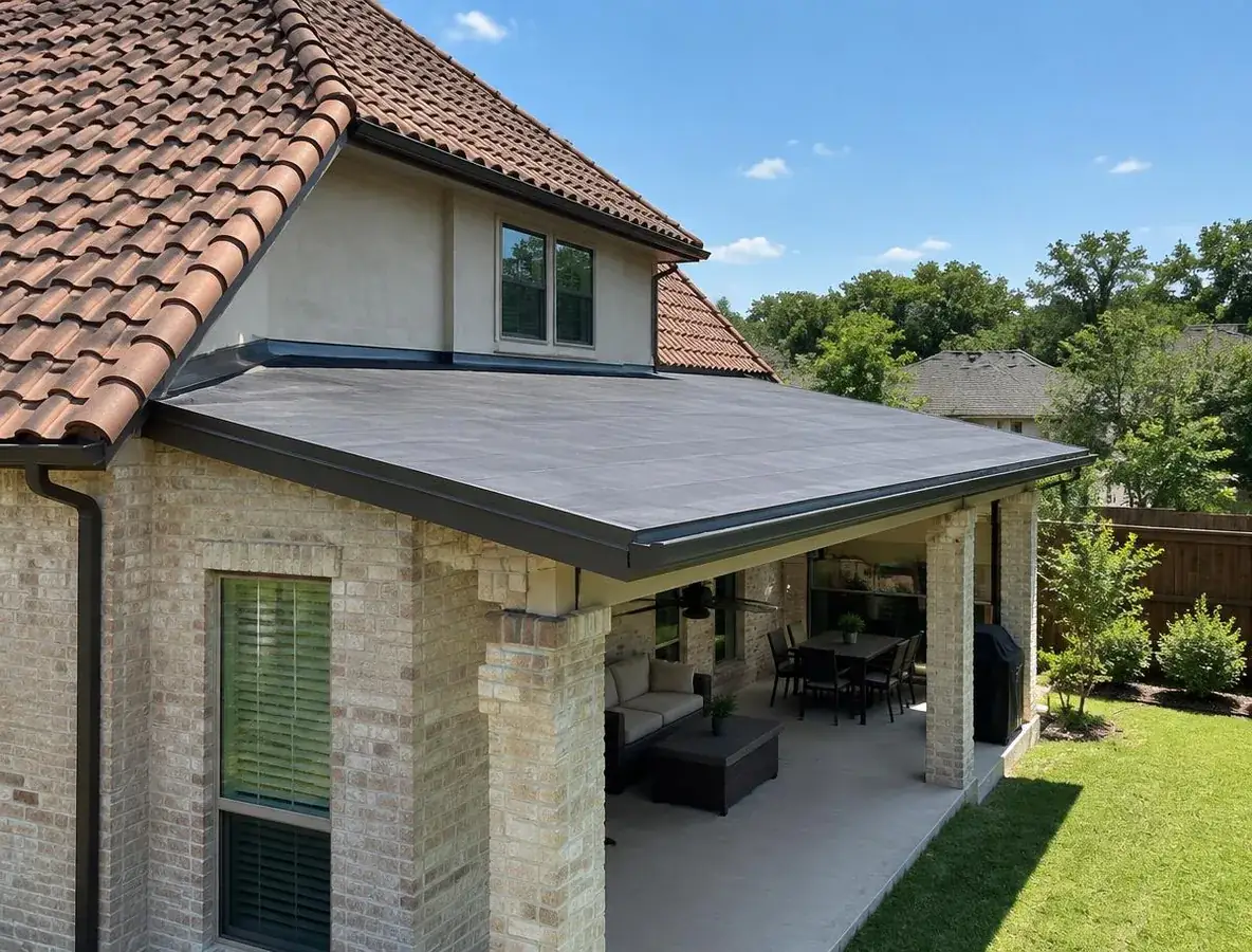 Tile Roofing Farmers Branch: Low-Slope Patio Cover Low-slope patio cover beside a clay tile roof on a Farmers Branch home