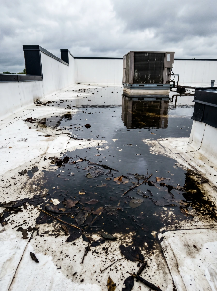 Standing water and debris on a flat roof needing repair in Preston Hollow, Dallas County, TX.