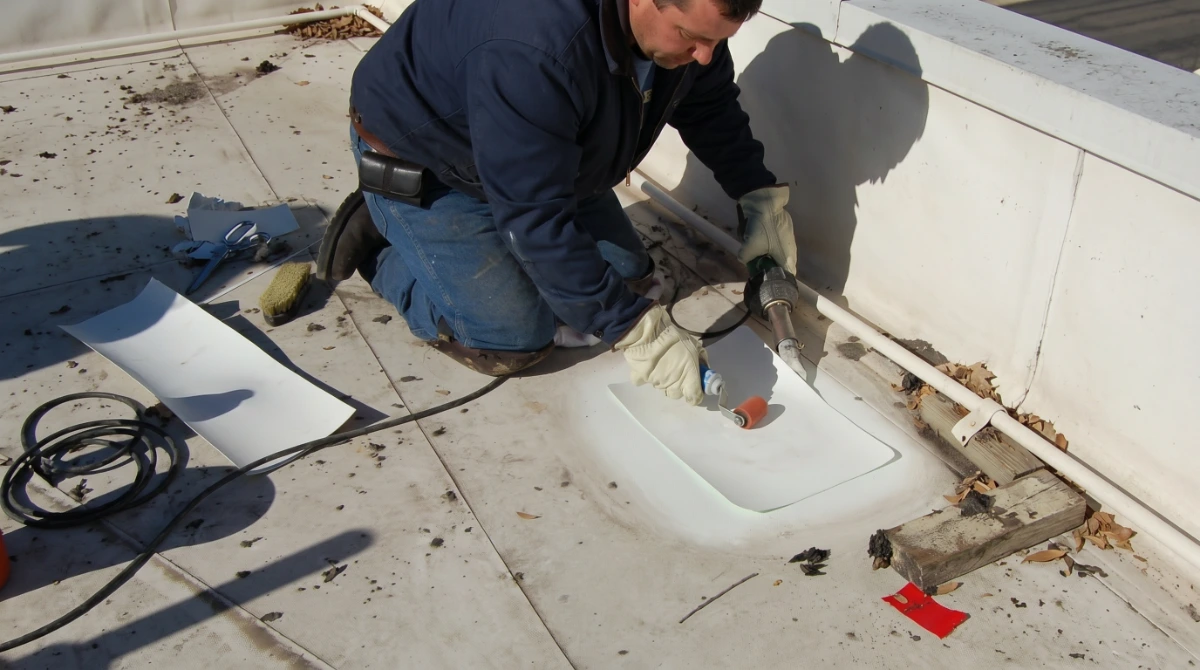 Under One Roof roofer performing flat roof TPO repair on a commercial building in Farmers Branch, Dallas County, TX.