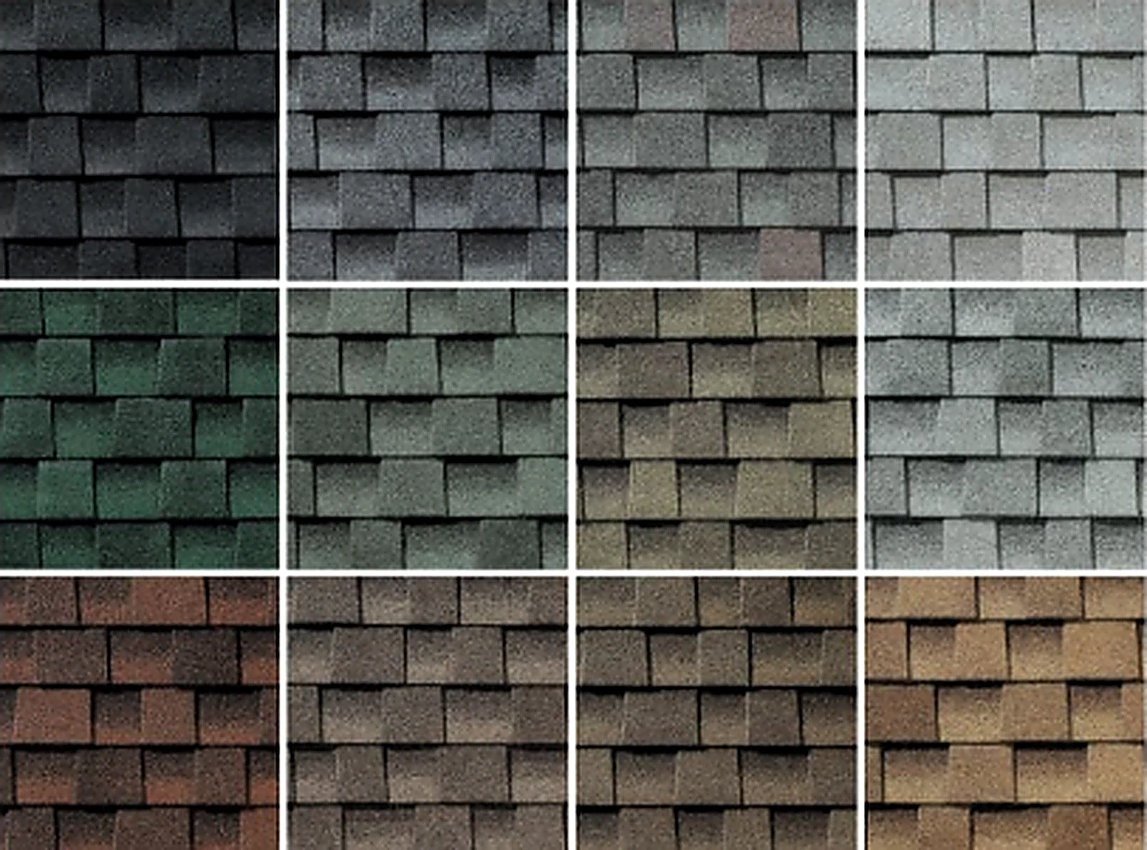 GAF Timberline architectural shingle color options shown in a twelve swatch grid for homes in Farmers Branch, Dallas County, TX
