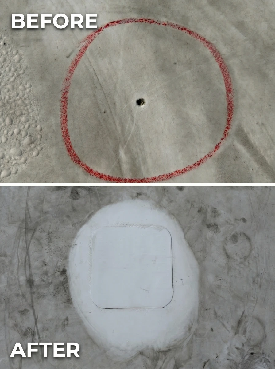 Before and after TPO roof repair, showing a patched hole on a commercial roof in Richardson, Dallas County, TX.