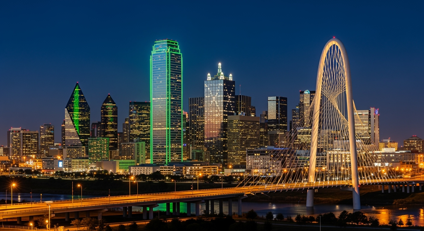 Dallas Texas downtown skyline at night featuring Margaret Hunt Hill Bridge, Fountain Place, Bank of America Plaza, and JP Morgan Chase Tower with city lights reflecting on Trinity River - Dallas roofing contractor service area