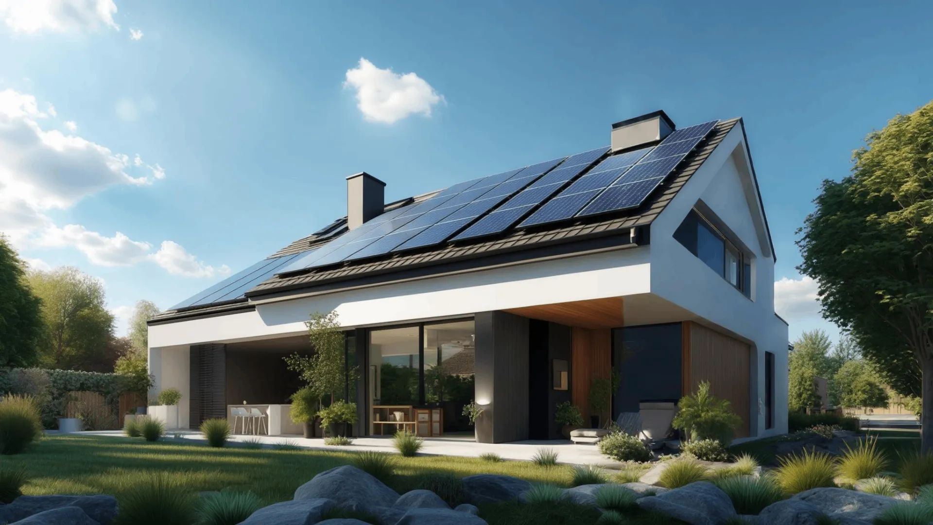 Modern Plano, TX home with professional solar panel installation on dark roof, featuring contemporary architecture and beautiful landscaping