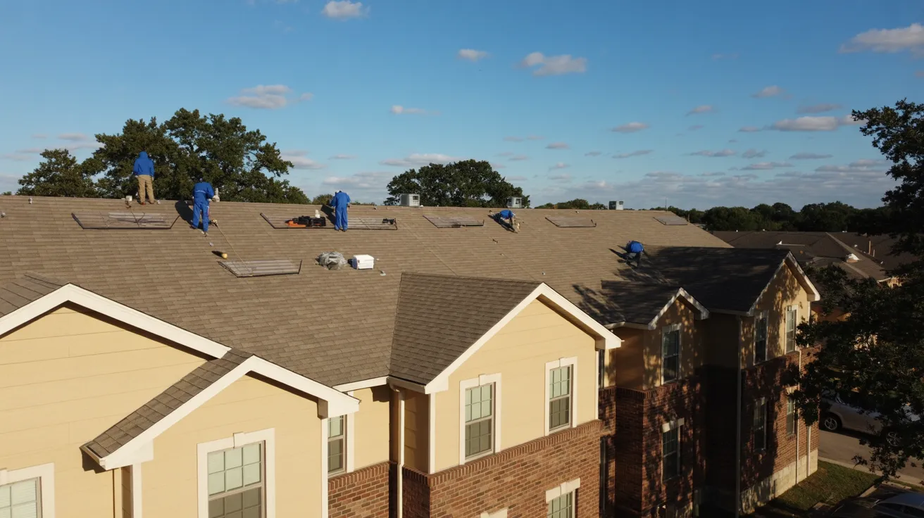 Professional roofers in blue uniforms installing shingle roofing on apartment building complex in Dallas, Texas, showing expert multi-family roofing services