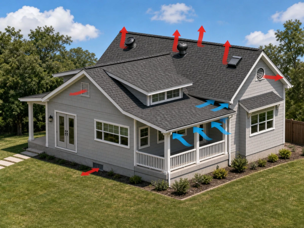Diagram of balanced attic ventilation on a Farmers Branch home showing intake air entering at the soffits and hot air exhausting through ridge and gable vents