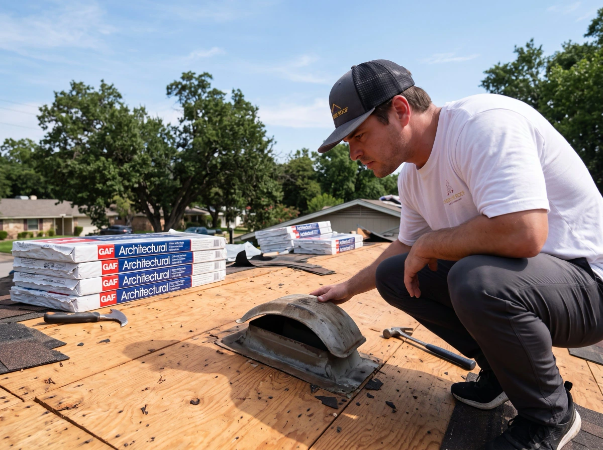 Under One Roof crew member inspecting an old static roof vent on exposed decking during a tear-off in Farmers Branch, TX
