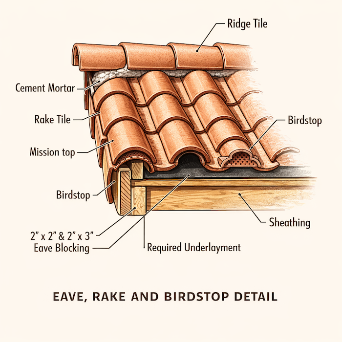 Eave, rake and birdstop detail diagram showing clay tile roof installation components including ridge tile, cement mortar, rake tile, mission top, birdstop, sheathing, and required underlayment