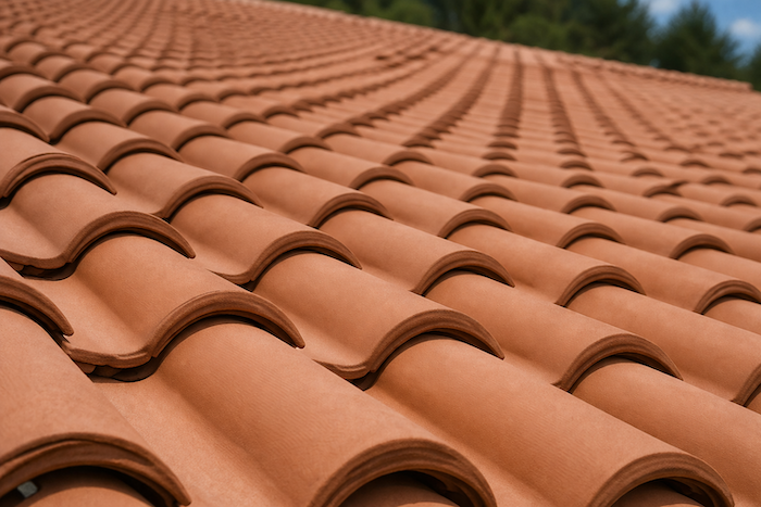 Close-up of terracotta barrel clay tile roofing installed in Farmers Branch, TX showing rows of interlocking tiles