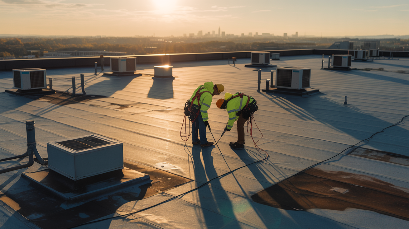 Professional commercial flat roof repair technicians inspecting a TPO membrane roof in Dallas with downtown skyline in background