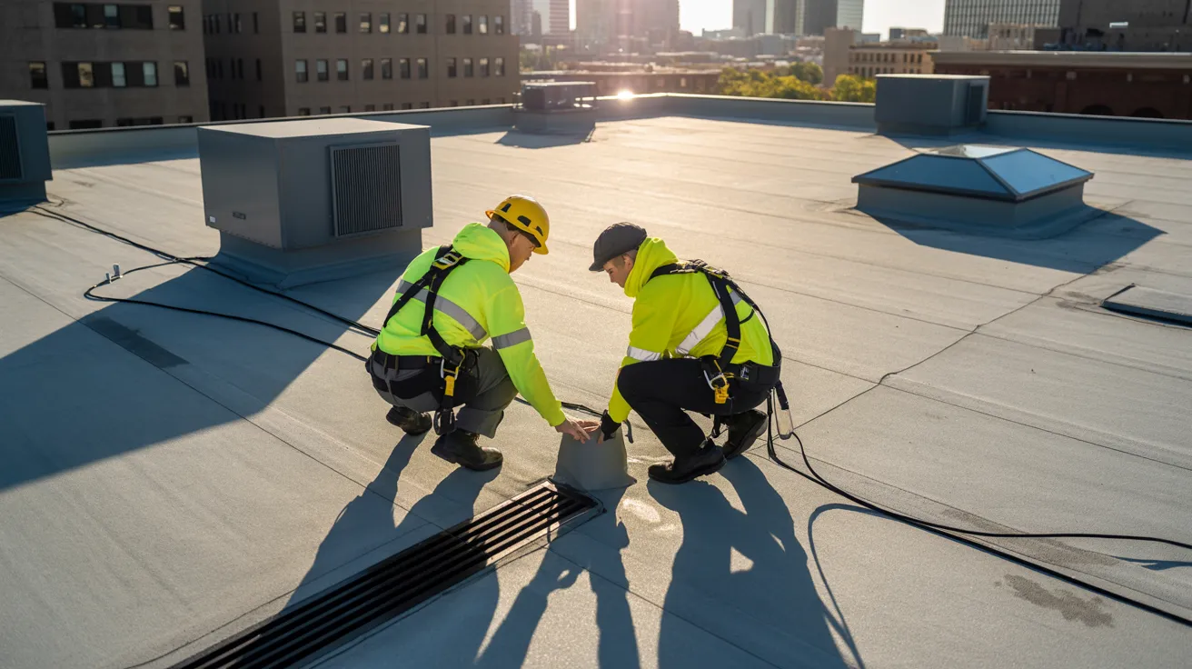 Professional commercial roof inspection in Design District Dallas - certified inspector examining flat roof membrane on commercial building