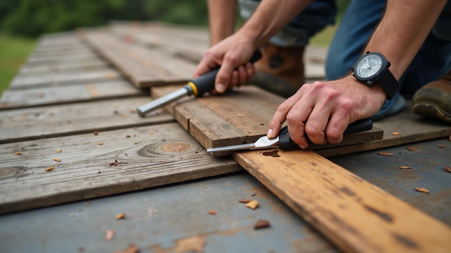 Professional deck inspection showing wood preparation for metal roof installation in Dallas