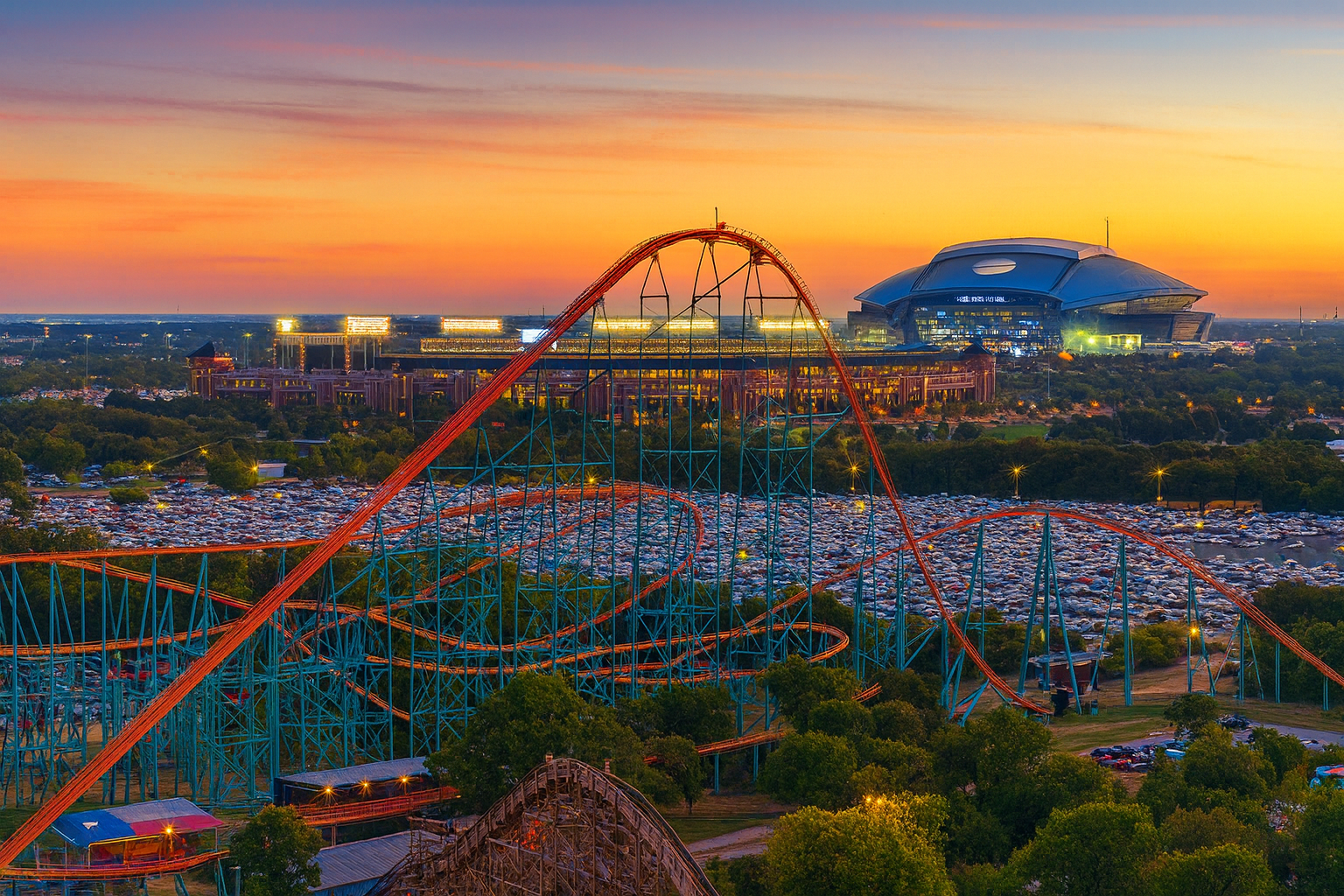 Arlington Texas entertainment district at sunset featuring Six Flags Over Texas roller coasters in foreground with AT&T Stadium and Arlington skyline in background - Under One Roof roofing and home services coverage area