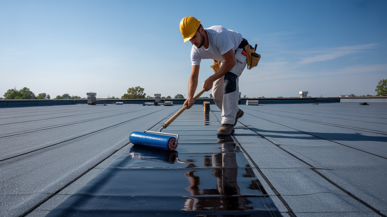Professional roofer applying EPDM or coating material on a large commercial flat roof in Northwest Dallas - EPDM roof installation Dallas TX