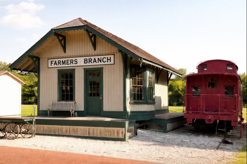 Historic Farmers Branch depot building with green trim and vintage red train car - Under One Roof roofing services coverage area