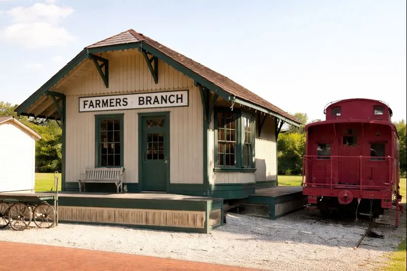 Historic Farmers Branch depot building with green trim and vintage red train car - Under One Roof roofing services coverage area