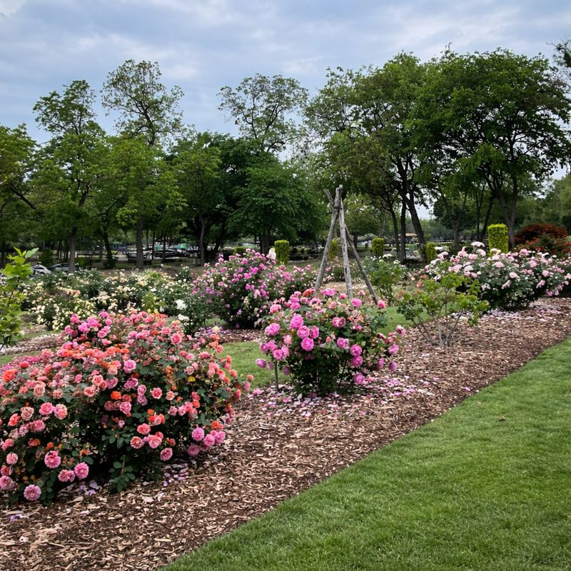 Pink and yellow roses blooming near the Farmers Branch Rose Gardens close to Under One Roof headquarters