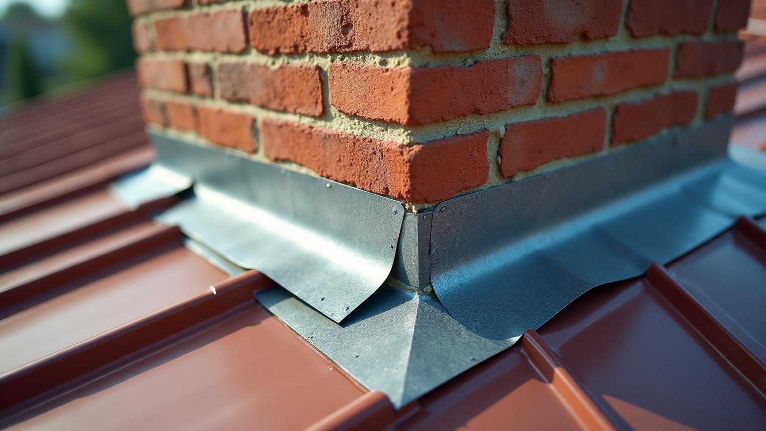 Professional flashing installation around chimney showing proper waterproofing technique for Dallas metal roofs