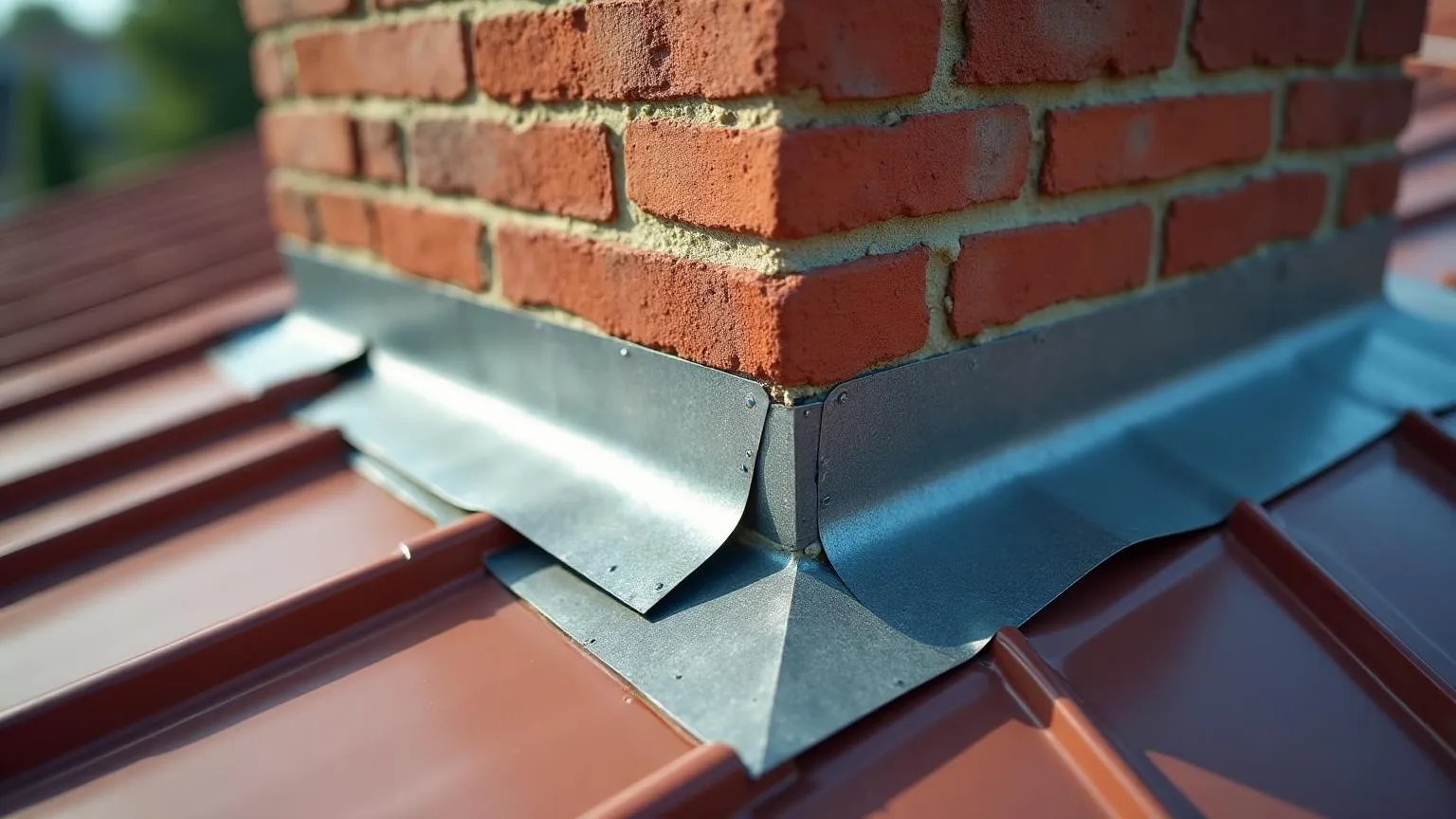 Professional flashing installation around chimney showing proper waterproofing technique for Dallas metal roofs