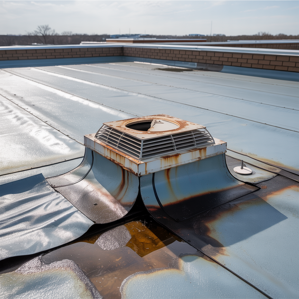 Rusted vent flashing with water pooling and membrane damage on an Addison TX commercial flat roof