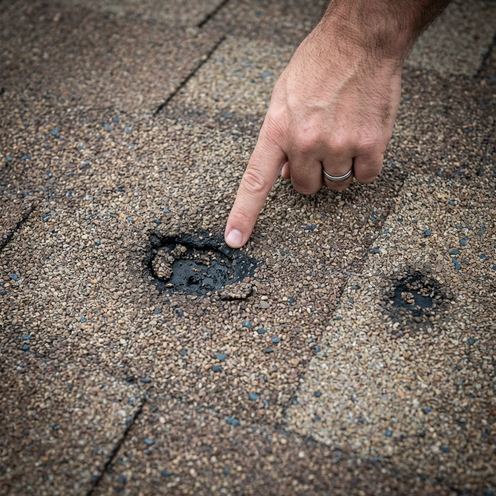 Close-up of hail-damaged shingles showing granule loss on a Dallas residential roof