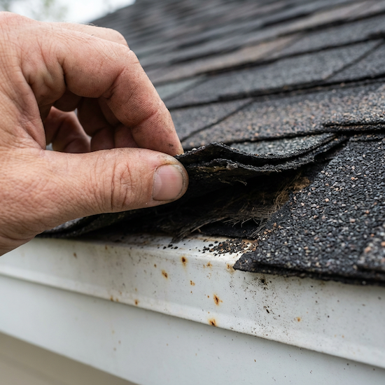 Hand lifting a hail-damaged asphalt shingle showing granule loss and deterioration on a residential roof in Richardson, TX