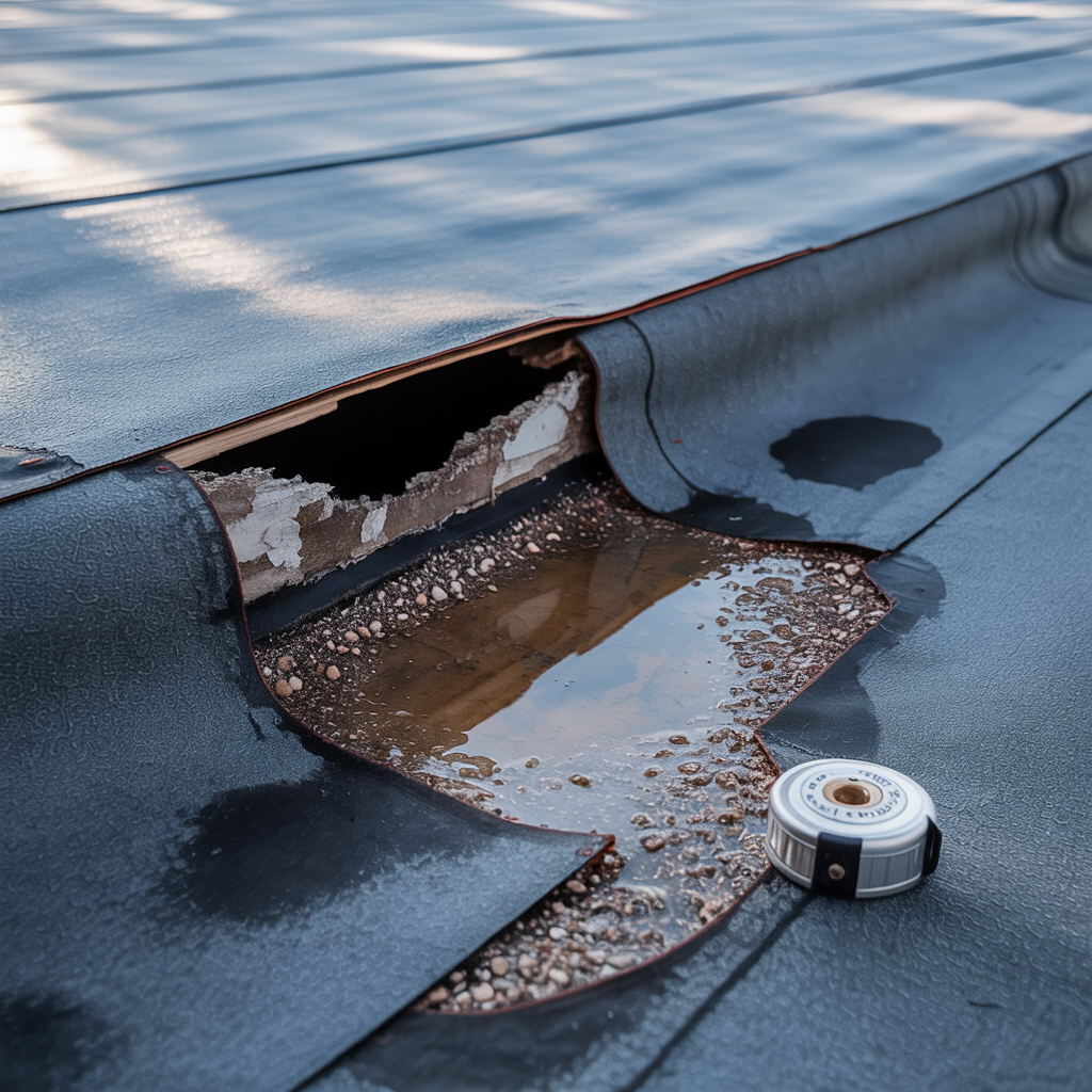 Membrane damage on a commercial flat roof in Carrollton showing torn TPO membrane with water infiltration