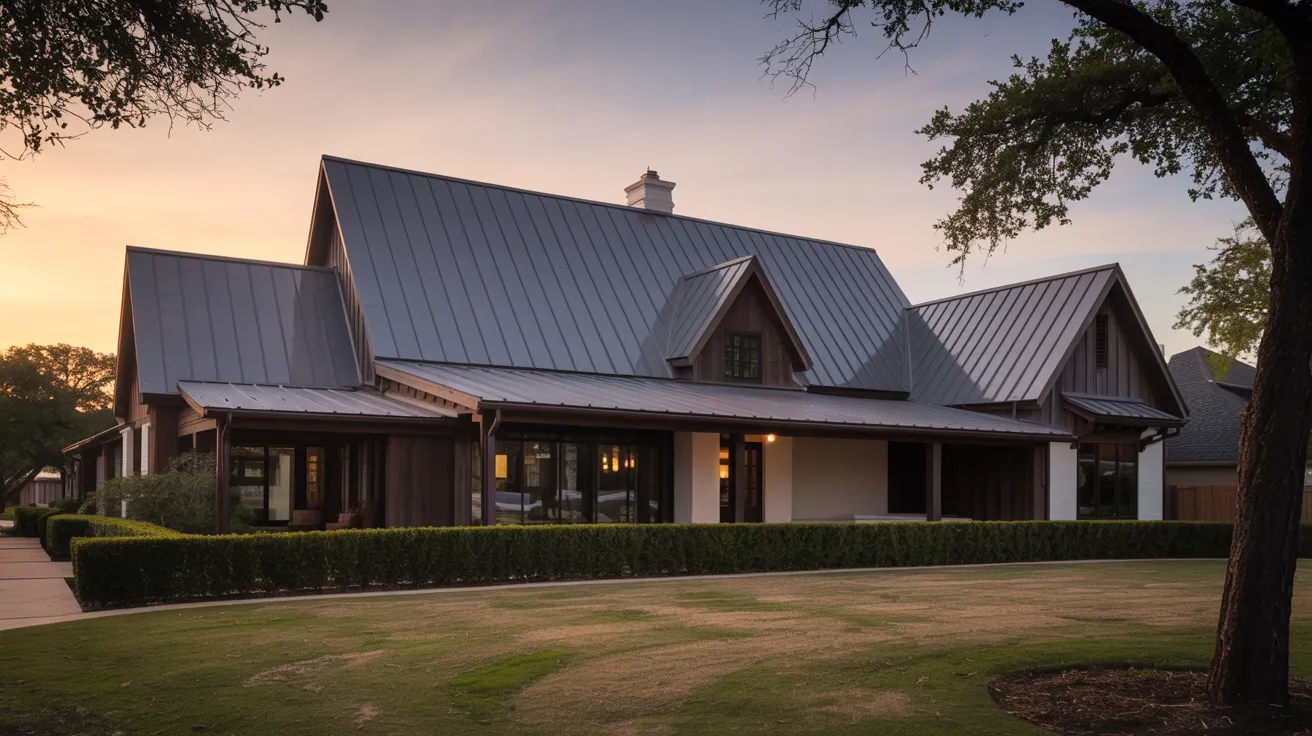 Modern farmhouse-style home in Preston Hollow Dallas, TX featuring a sleek standing seam metal roof and clean architectural lines, photographed at sunset with manicured landscaping and large live oak trees framing the property
