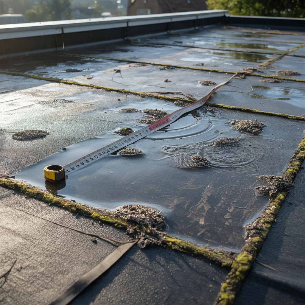 Ponding water on a commercial flat roof in Dallas showing standing water with measuring tape demonstrating depth