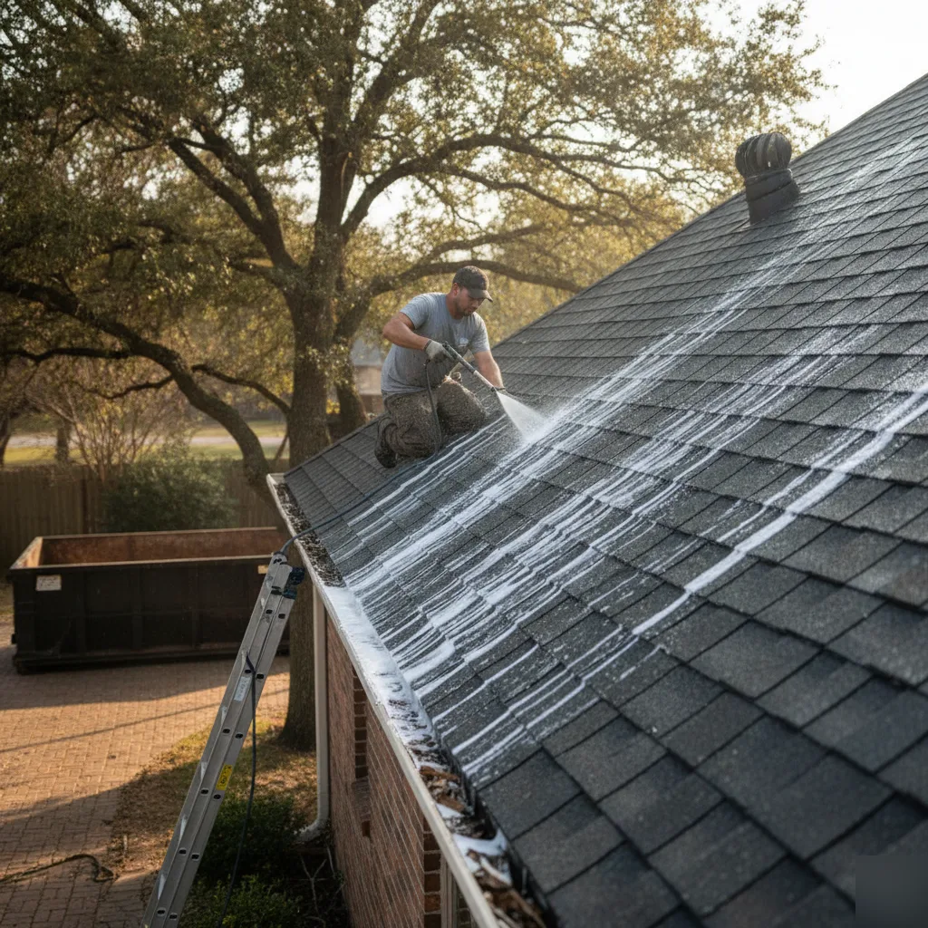 Under One Roof crew soft washing a shingle roof in Farmers Branch, TX