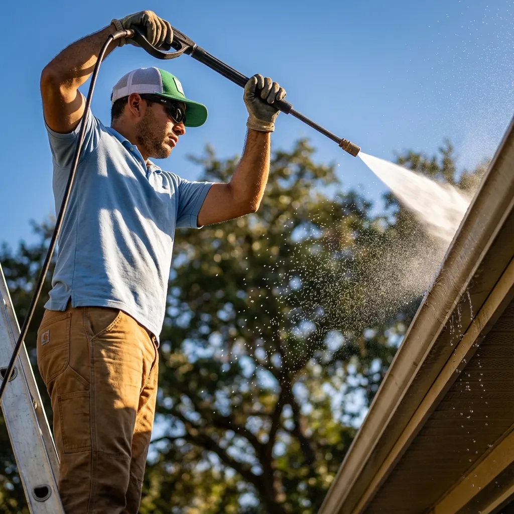 Roof cleaning and preventative roof maintenance in Preston Hollow, Dallas with technician pressure washing roof edge and gutters