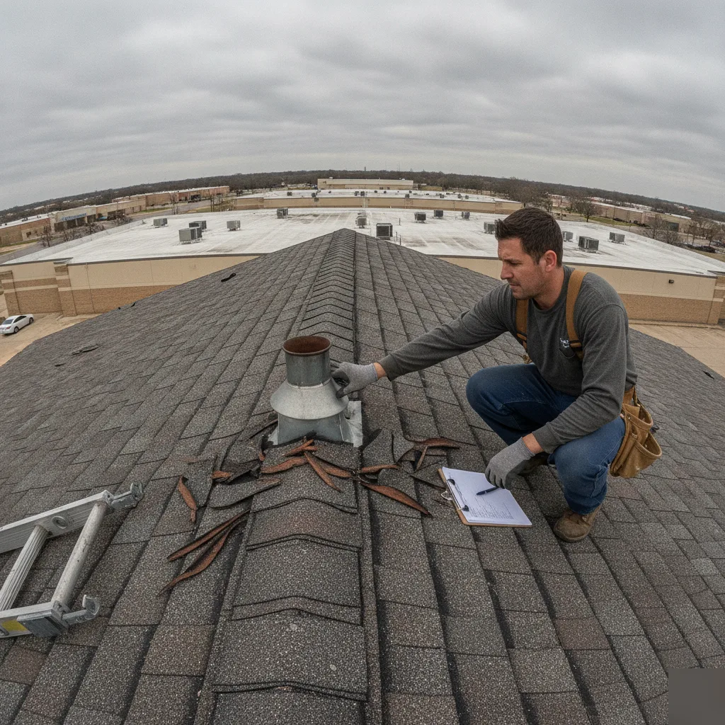 Roofer inspecting damaged shingles and flashing before a roof cleaning