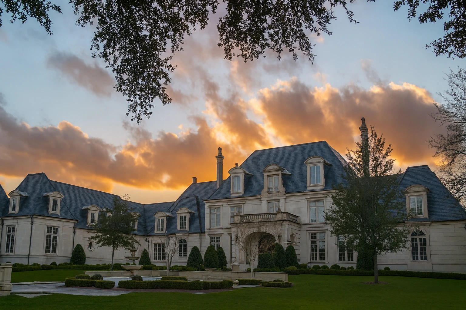 Large residential property with new roof installation at sunset in Preston Hollow, Dallas County, TX.