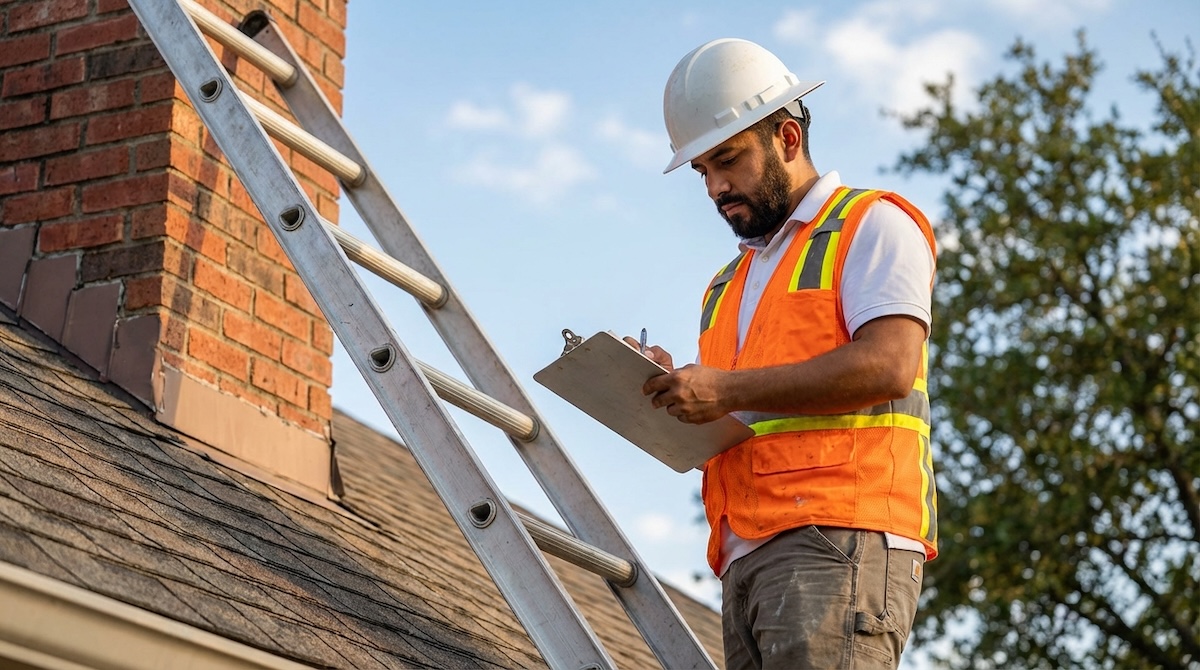 Roofing inspector in safety vest documenting hail damage on a residential roof in North Dallas, TX