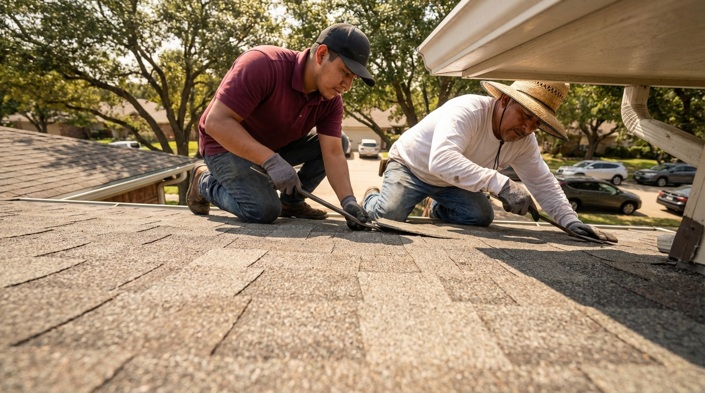 Two professional roofers inspecting and repairing asphalt shingles on a residential home in Carrollton, Texas