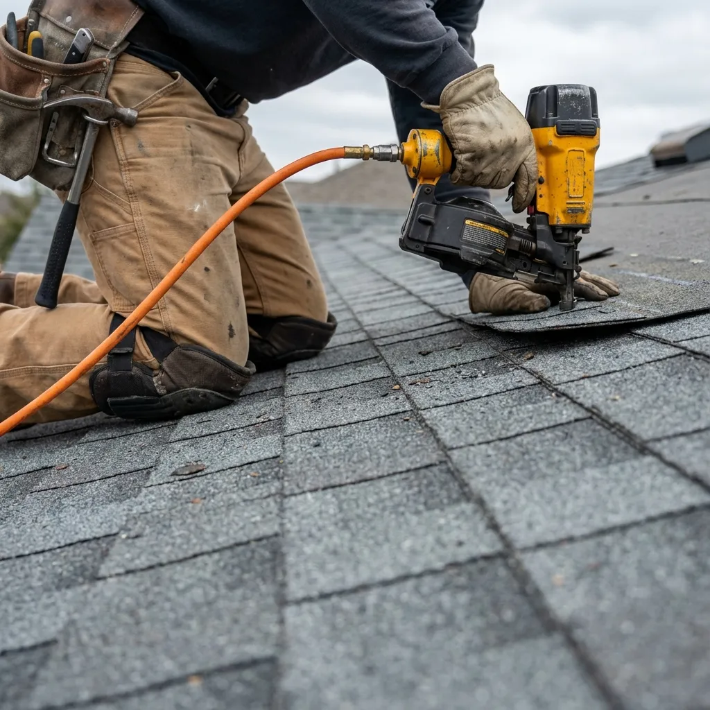 Roof maintenance and shingle repair in Farmers Branch TX with technician securing asphalt shingles during residential roof service