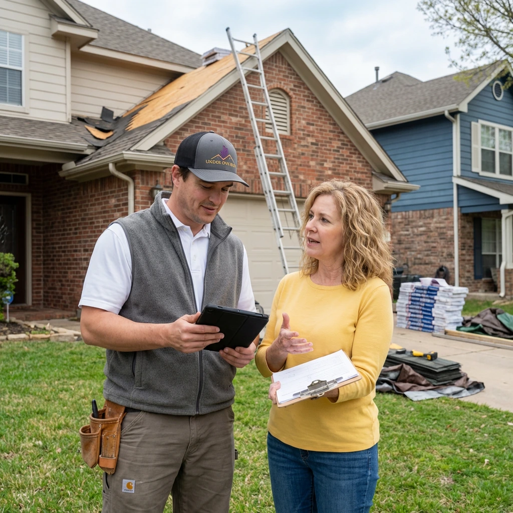 Under One Roof contractor reviewing hail damage inspection results with a Dallas homeowner in front of a roof replacement project