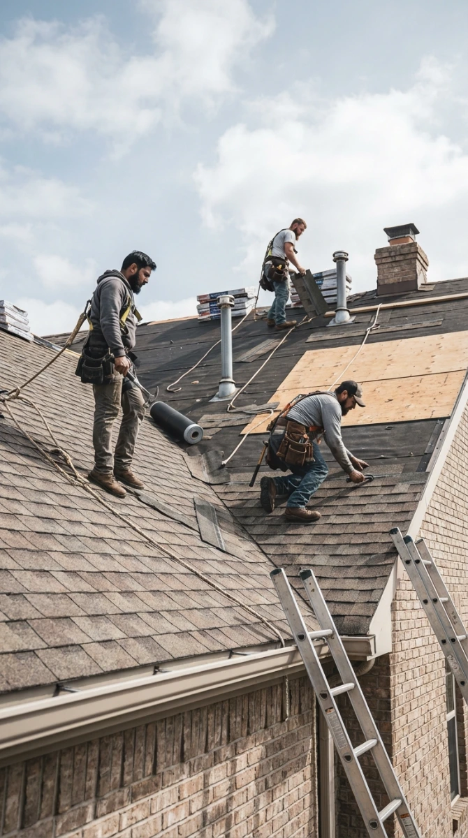 Roofers performing a roof replacement on a residential home in Preston Hollow, Dallas County, TX.