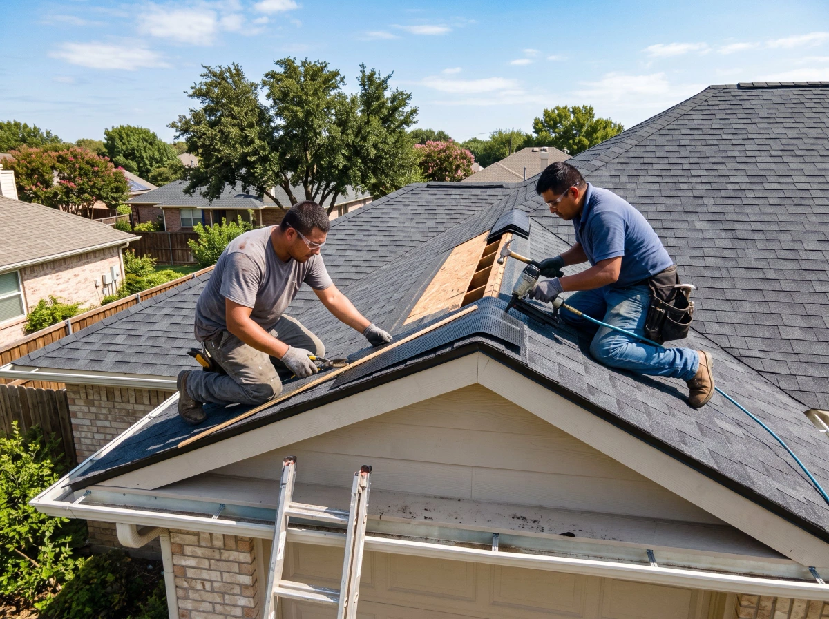 Roofers cutting the ridge opening and installing continuous ridge vent on a shingle roof in Farmers Branch, TX
