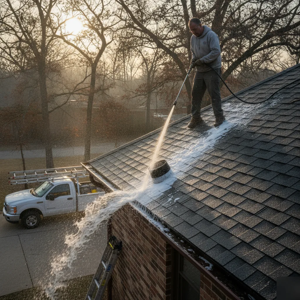 Roof washing rinse running from the ridge down into the gutter line