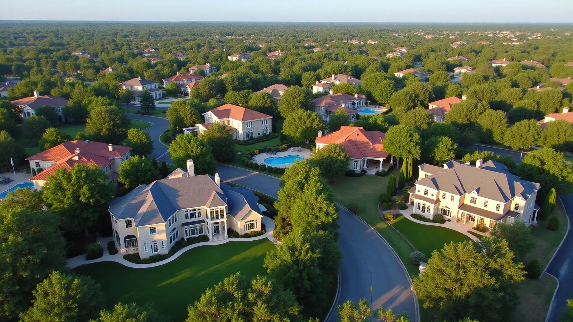 Aerial view of luxury estate homes in Preston Hollow Dallas Texas showing premium residential roofing installations including slate tile and architectural shingle roofs on large properties with mature trees