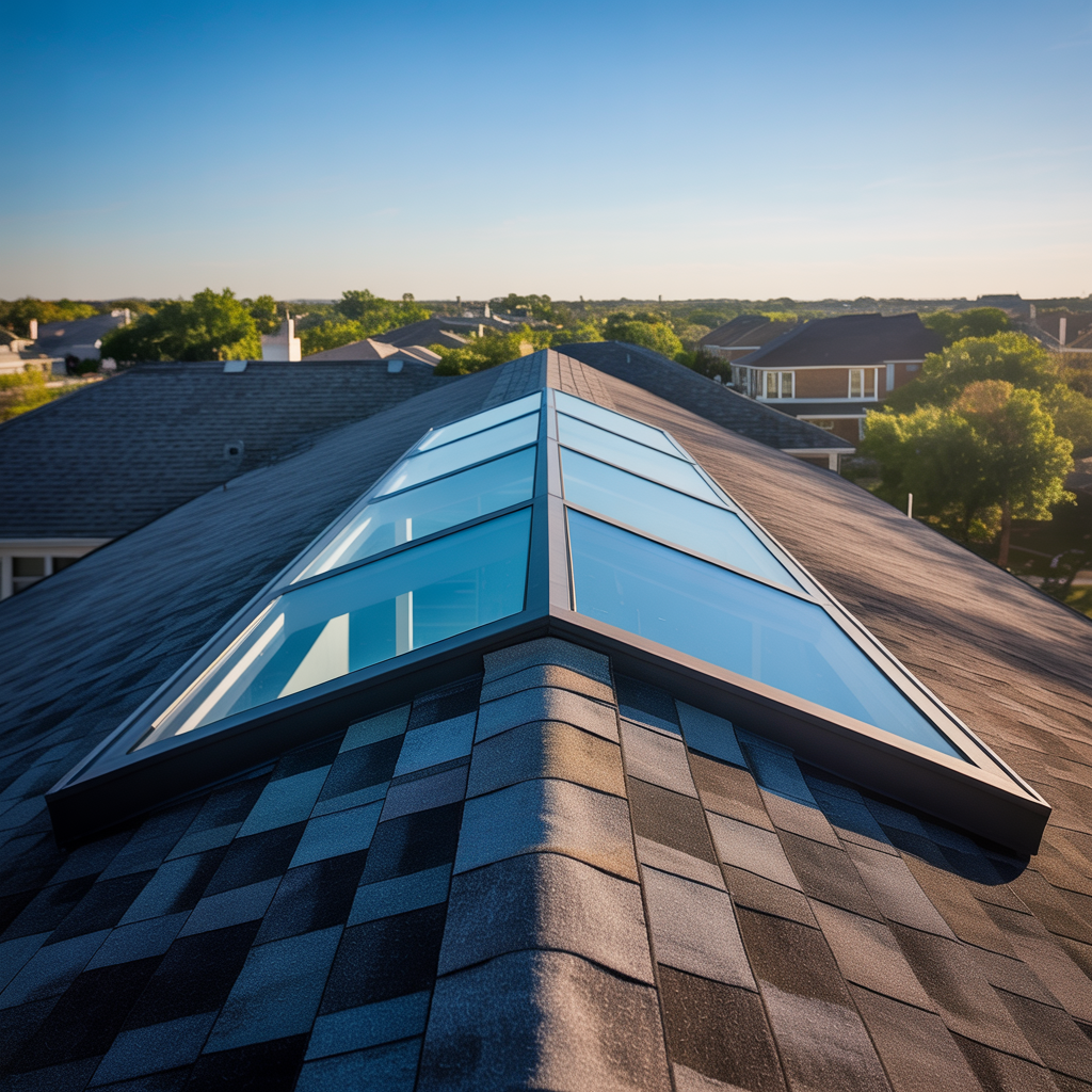 Ridge skylight installation on architectural shingle roof in Farmers Branch TX